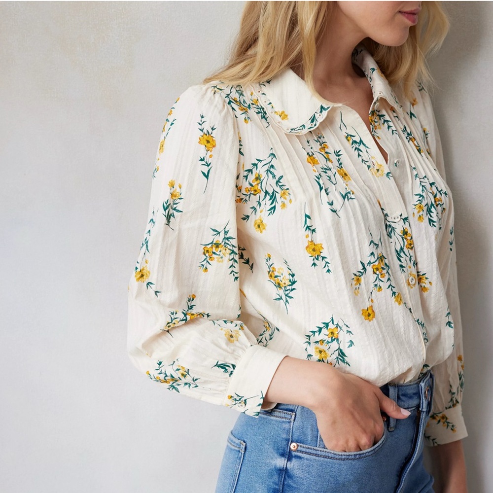 Lauren Conrad Peter Pan Collar Floral Peasant Boho Chic Blouse Cottagecore Med